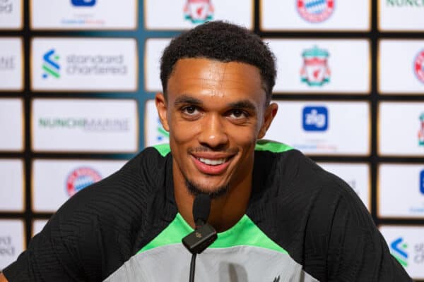 SINGAPORE - Tuesday, August 1, 2023: Liverpool's Trent Alexander-Arnold during a press conference ahead of a pre-season friendly match between Liverpool FC and FC Bayern Munich FC at the Singapore National Stadium. (Pic by David Rawcliffe/Propaganda)