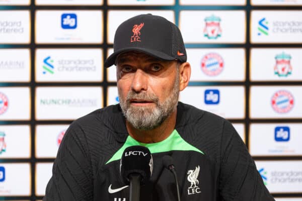 SINGAPORE - Tuesday, August 1, 2023: Liverpool's manager Jürgen Klopp during a press conference ahead of a pre-season friendly match between Liverpool FC and FC Bayern Munich FC at the Singapore National Stadium. (Pic by David Rawcliffe/Propaganda)