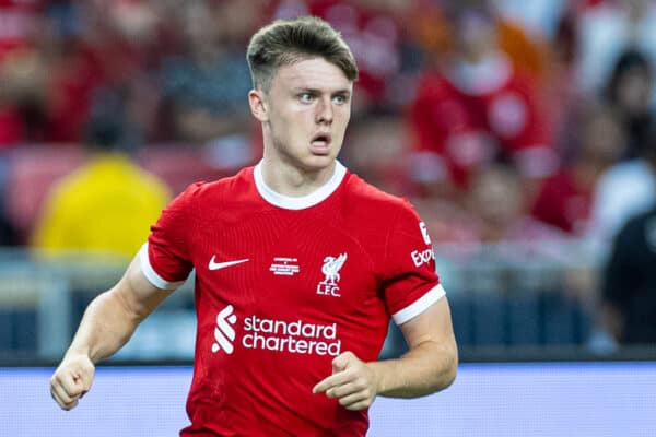 SINGAPORE - Wednesday, August 2, 2023: Liverpool's Ben Doak during a pre-season friendly match between Liverpool FC and FC Bayern Munich FC at the Singapore National Stadium. Bayern won 4-3. (Pic by David Rawcliffe/Propaganda)