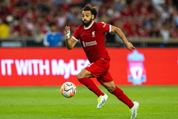 SINGAPORE - Wednesday, August 2, 2023: Liverpool's Mohamed Salah during a pre-season friendly match between Liverpool FC and FC Bayern Munich FC at the Singapore National Stadium. Bayern won 4-3. (Pic by David Rawcliffe/Propaganda)