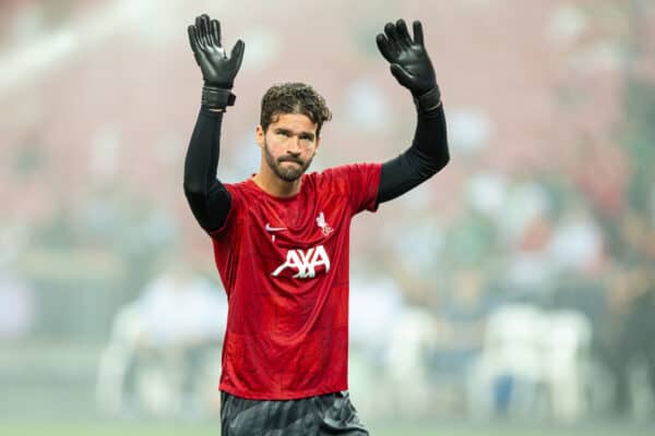 SINGAPORE - Wednesday, August 2, 2023: Liverpool's goalkeeper Alisson Becker during the pre-match warm-up before a pre-season friendly match between Liverpool FC and FC Bayern Munich FC at the Singapore National Stadium. (Pic by David Rawcliffe/Propaganda)