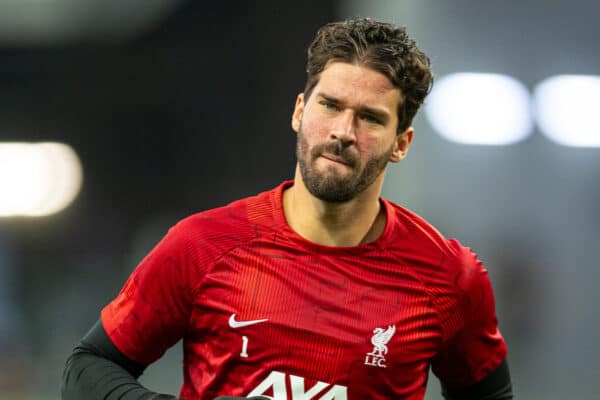 SINGAPORE - Wednesday, August 2, 2023: Liverpool's goalkeeper Alisson Becker during the pre-match warm-up before a pre-season friendly match between Liverpool FC and FC Bayern Munich FC at the Singapore National Stadium. (Pic by David Rawcliffe/Propaganda)