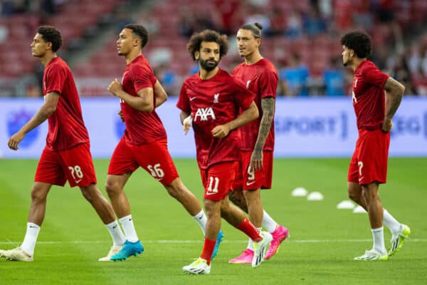 SINGAPORE - Wednesday, August 2, 2023: Liverpool's Mohamed Salah during the pre-match warm-up before a pre-season friendly match between Liverpool FC and FC Bayern Munich FC at the Singapore National Stadium. (Pic by David Rawcliffe/Propaganda)