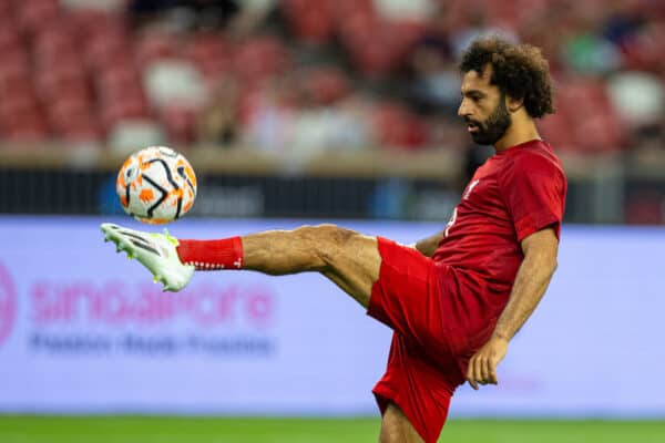 SINGAPORE - Wednesday, August 2, 2023: Liverpool's Mohamed Salah during the pre-match warm-up before a pre-season friendly match between Liverpool FC and FC Bayern Munich FC at the Singapore National Stadium. (Pic by David Rawcliffe/Propaganda)
