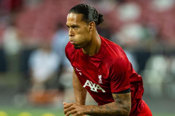 SINGAPORE - Wednesday, August 2, 2023: Liverpool's captain Virgil van Dijk during the pre-match warm-up before a pre-season friendly match between Liverpool FC and FC Bayern Munich FC at the Singapore National Stadium. (Pic by David Rawcliffe/Propaganda)