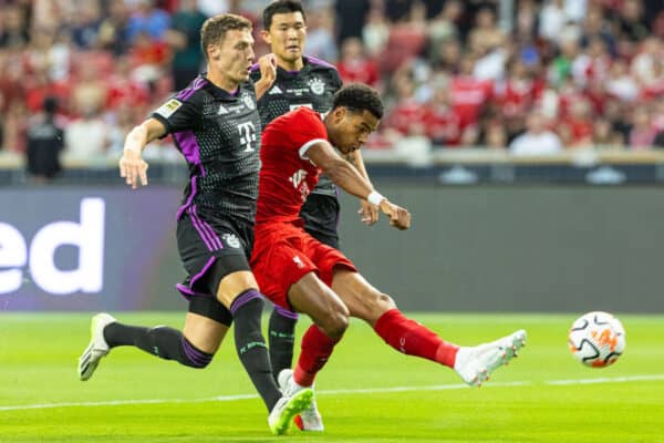 SINGAPORE - Wednesday, August 2, 2023: Liverpool's Cody Gakpo scores the first goal during a pre-season friendly match between Liverpool FC and FC Bayern Munich FC at the Singapore National Stadium. (Pic by David Rawcliffe/Propaganda)