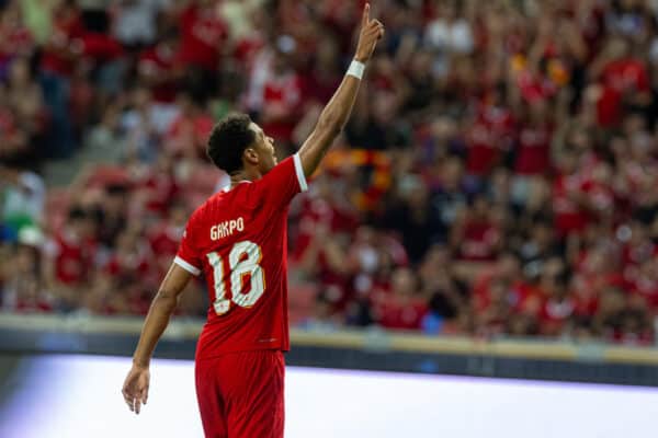 SINGAPORE - Wednesday, August 2, 2023: Liverpool's Cody Gakpo celebrates after scoring the first goal during a pre-season friendly match between Liverpool FC and FC Bayern Munich FC at the Singapore National Stadium. (Pic by David Rawcliffe/Propaganda)