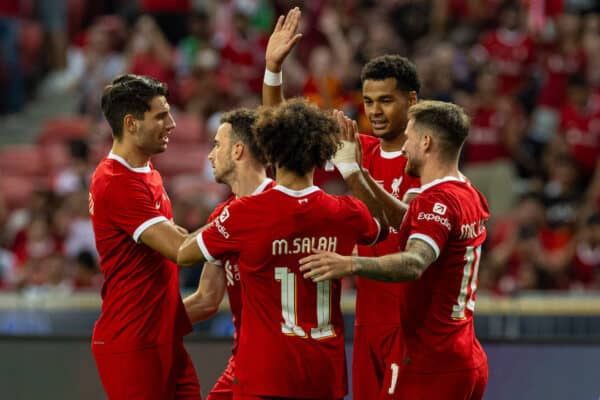 SINGAPORE - Wednesday, August 2, 2023: Liverpool's Cody Gakpo (2nd from R) celebrates after scoring the first goal during a pre-season friendly match between Liverpool FC and FC Bayern Munich FC at the Singapore National Stadium. (Pic by David Rawcliffe/Propaganda)