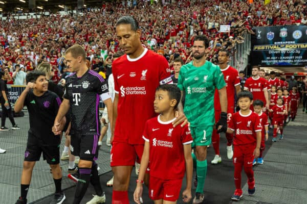 SINGAPORE - Wednesday, August 2, 2023: Liverpool's captain Virgil van Dijk leads his side out before a pre-season friendly match between Liverpool FC and FC Bayern Munich FC at the Singapore National Stadium. (Pic by David Rawcliffe/Propaganda)
