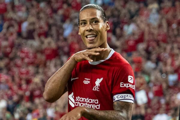 SINGAPORE - Wednesday, August 2, 2023: Liverpool's captain Virgil van Dijk celebrates after scoring the second goal during a pre-season friendly match between Liverpool FC and FC Bayern Munich FC at the Singapore National Stadium. (Pic by David Rawcliffe/Propaganda)