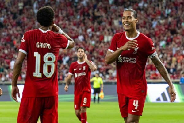 SINGAPORE - Wednesday, August 2, 2023: Liverpool's captain Virgil van Dijk celebrates after scoring the second goal during a pre-season friendly match between Liverpool FC and FC Bayern Munich FC at the Singapore National Stadium. (Pic by David Rawcliffe/Propaganda)