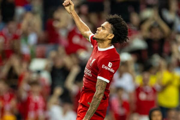 SINGAPORE - Wednesday, August 2, 2023: Liverpool's Luis Díaz celebrates after scoring the third goal during a pre-season friendly match between Liverpool FC and FC Bayern Munich FC at the Singapore National Stadium. (Pic by David Rawcliffe/Propaganda)