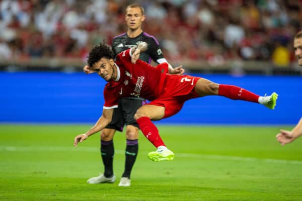 SINGAPORE - Wednesday, August 2, 2023:  Liverpool's Luis Díaz scores the third goal during a pre-season friendly match between Liverpool FC and FC Bayern Munich FC at the Singapore National Stadium. (Pic by David Rawcliffe/Propaganda)