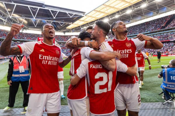 LONDON, ENGLAND - Sunday, August 6, 2023: Arsenal's winning penalty scorer Fábio Vieira (#21) celebrates team-mates after the FA Community Shield match between Manchester City FC and Arsenal FC at Wembley Stadium. Arsenal won 4-1 on penalties. (Pic by David Rawcliffe/Propaganda)