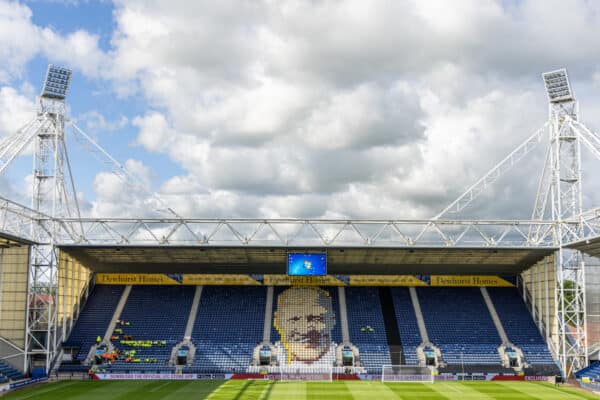 PRESTON, ENGLAND - Monday, August 7, 2023: An image of legendary Liverpool manager Bill Shankly on the seats seen before a pre-season friendly match between Liverpool FC and SV Darmstadt 98 at Deepdale. (Pic by David Rawcliffe/Propaganda)
