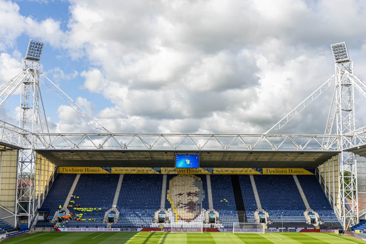 PRESTON, ENGLAND - Monday, August 7, 2023: An image of legendary Liverpool manager Bill Shankly on the seats seen before a pre-season friendly match between Liverpool FC and SV Darmstadt 98 at Deepdale. (Pic by David Rawcliffe/Propaganda)