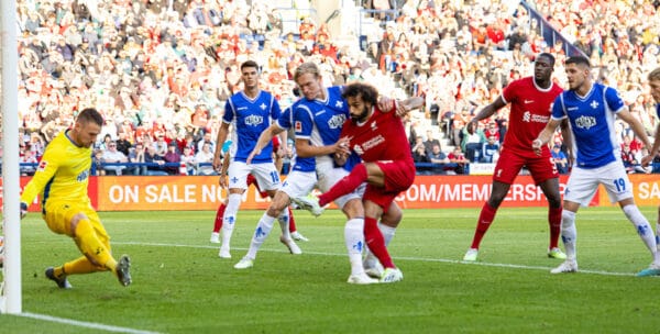 PRESTON, ENGLAND - Monday, August 7, 2023: Liverpool's Mohamed Salah scores the first goal during a pre-season friendly match between Liverpool FC and SV Darmstadt 98 at Deepdale. (Pic by David Rawcliffe/Propaganda)