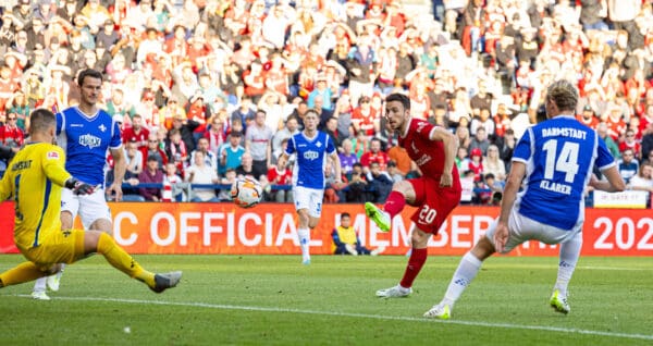 PRESTON, ENGLAND - Monday, August 7, 2023: Liverpool's Diogo Jota scores the second goal during a pre-season friendly match between Liverpool FC and SV Darmstadt 98 at Deepdale. (Pic by David Rawcliffe/Propaganda)