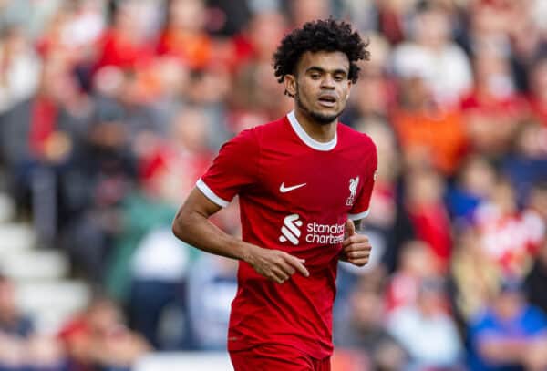 PRESTON, ENGLAND - Monday, August 7, 2023: Liverpool's Luis Díaz during a pre-season friendly match between Liverpool FC and SV Darmstadt 98 at Deepdale. (Pic by David Rawcliffe/Propaganda)