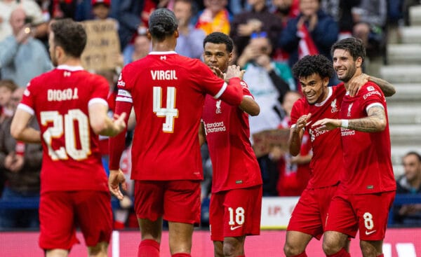 PRESTON, ENGLAND - Monday, August 7, 2023: Liverpool's Luis Díaz (2nd from R) celebrates after scoring the third goal during a pre-season friendly match between Liverpool FC and SV Darmstadt 98 at Deepdale. (Pic by David Rawcliffe/Propaganda)