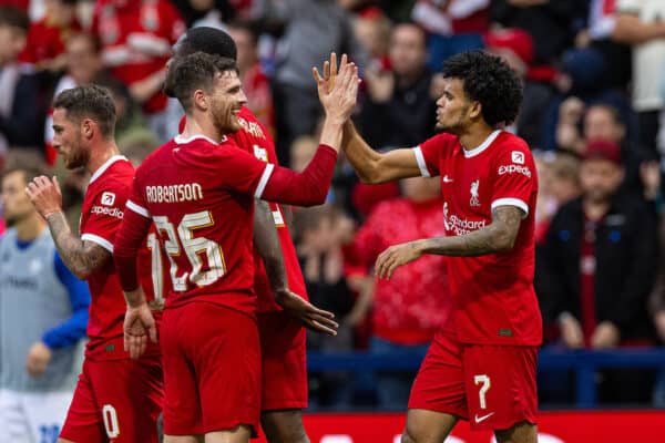 PRESTON, ENGLAND - Monday, August 7, 2023: Liverpool's Luis Díaz (R) celebrates after scoring the third goal during a pre-season friendly match between Liverpool FC and SV Darmstadt 98 at Deepdale. (Pic by David Rawcliffe/Propaganda)