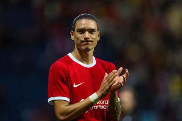 PRESTON, ENGLAND - Monday, August 7, 2023: Liverpool's Darwin Núñez applauds the supporters after a pre-season friendly match between Liverpool FC and SV Darmstadt 98 at Deepdale. (Pic by David Rawcliffe/Propaganda)