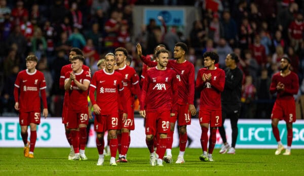 PRESTON, ENGLAND - Monday, August 7, 2023: Liverpool's Kostas Tsimikas and Diogo Jota join the players in a lap of appreciation after a pre-season friendly match between Liverpool FC and SV Darmstadt 98 at Deepdale. (Pic by David Rawcliffe/Propaganda)