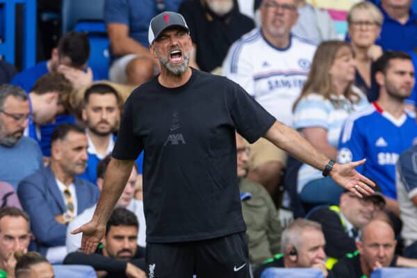 LONDON, ENGLAND - Sunday, August 13, 2023: Liverpool's manager Jürgen Klopp during the FA Premier League match between Chelsea FC and Liverpool FC at Stamford Bridge. (Pic by David Rawcliffe/Propaganda)