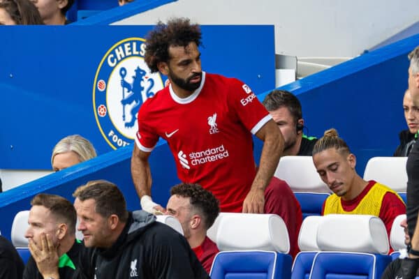 LONDON, ENGLAND - Sunday, August 13, 2023: Liverpool's Mohamed Salah is substituted during the FA Premier League match between Chelsea FC and Liverpool FC at Stamford Bridge. (Pic by David Rawcliffe/Propaganda)