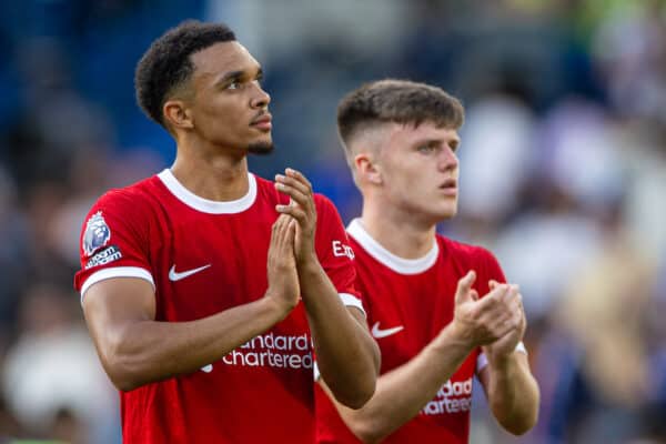 LONDON, ENGLAND - Sunday, August 13, 2023: Liverpool's Trent Alexander-Arnold (L) and Ben Doak applaud the supporters after the FA Premier League match between Chelsea FC and Liverpool FC at Stamford Bridge. (Pic by David Rawcliffe/Propaganda)