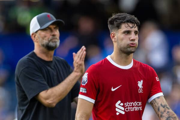 LONDON, ENGLAND - Sunday, August 13, 2023: Liverpool's Dominik Szoboszlai applauds the supporters after the FA Premier League match between Chelsea FC and Liverpool FC at Stamford Bridge. (Pic by David Rawcliffe/Propaganda)