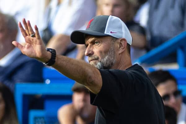 LONDON, ENGLAND - Sunday, August 13, 2023: Liverpool's Jurgen Klopp during the FA Premier League match between Chelsea FC and Liverpool FC at Stamford Bridge. (Pic by David Rawcliffe/Propaganda)