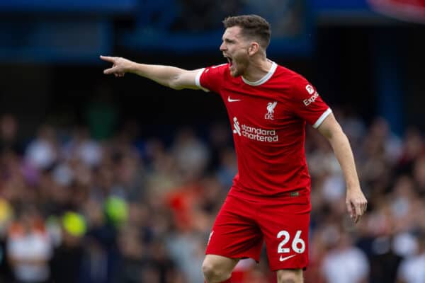 LONDON, ENGLAND - Sunday, August 13, 2023: Liverpool's Andy Robertson during the FA Premier League match between Chelsea FC and Liverpool FC at Stamford Bridge. (Pic by David Rawcliffe/Propaganda)