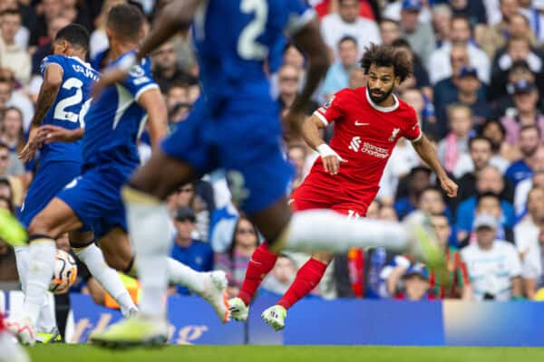 LONDON, ENGLAND - Sunday, August 13, 2023: Liverpool's Mohamed Salah assists the opening goal during the FA Premier League match between Chelsea FC and Liverpool FC at Stamford Bridge. (Pic by David Rawcliffe/Propaganda)