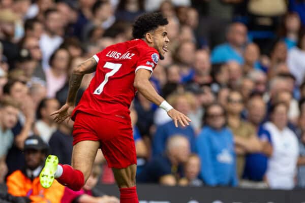 LONDON, ENGLAND - Sunday, August 13, 2023: Liverpool's Luis Díaz celebrates after scoring the opening goal during the FA Premier League match between Chelsea FC and Liverpool FC at Stamford Bridge. (Pic by David Rawcliffe/Propaganda)