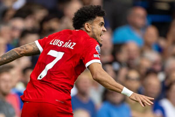 LONDON, ENGLAND - Sunday, August 13, 2023: Liverpool's Luis Díaz celebrates after scoring the opening goal during the FA Premier League match between Chelsea FC and Liverpool FC at Stamford Bridge. (Pic by David Rawcliffe/Propaganda)