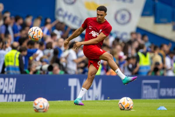 LONDON, ENGLAND - Sunday, August 13, 2023: Liverpool's Trent Alexander-Arnold during the pre-match warm-up before the FA Premier League match between Chelsea FC and Liverpool FC at Stamford Bridge. (Pic by David Rawcliffe/Propaganda)