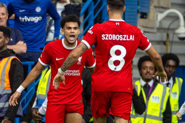 LONDON, ENGLAND - Sunday, August 13, 2023: Liverpool's Luis Díaz (L) celebrates with team-mate Dominik Szoboszlai after scoring the opening goal during the FA Premier League match between Chelsea FC and Liverpool FC at Stamford Bridge. (Pic by David Rawcliffe/Propaganda)