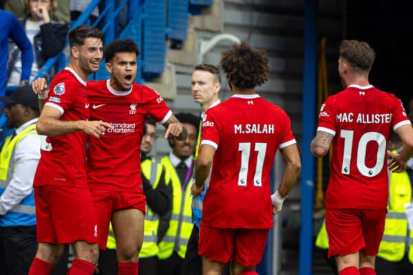 LONDON, ENGLAND - Sunday, August 13, 2023: Liverpool's Luis Díaz (2nd from L) celebrates after scoring the opening goal during the FA Premier League match between Chelsea FC and Liverpool FC at Stamford Bridge. (Pic by David Rawcliffe/Propaganda)