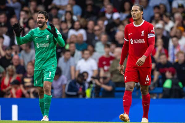 LONDON, ENGLAND - Sunday, August 13, 2023: Liverpool's captain Virgil van Dijk (R) and goalkeeper Alisson Becker look dejected as Chelsea score a second goal, before it was disallowed following a VAR review, during the FA Premier League match between Chelsea FC and Liverpool FC at Stamford Bridge. (Pic by David Rawcliffe/Propaganda)