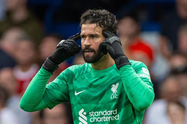 LONDON, ENGLAND - Sunday, August 13, 2023: Liverpool's goalkeeper Alisson Becker reacts during the FA Premier League match between Chelsea FC and Liverpool FC at Stamford Bridge. (Pic by David Rawcliffe/Propaganda)