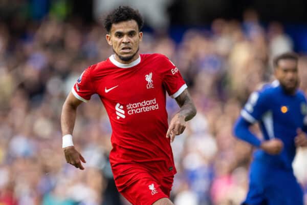 LONDON, ENGLAND - Sunday, August 13, 2023: Liverpool's Luis Díaz during the FA Premier League match between Chelsea FC and Liverpool FC at Stamford Bridge. (Pic by David Rawcliffe/Propaganda)