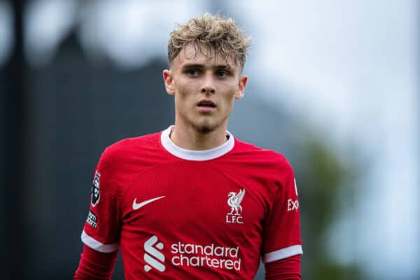 LIVERPOOL, ENGLAND - Monday, August 14, 2023: Liverpool's Bobby Clark looks on during the Premier League 2 Division 1 match between Liverpool FC Under-21's and Everton FC Under-21's, the Mini-Merseyside Derby, at the Liverpool Academy. (Pic by Jessica Hornby/Propaganda)