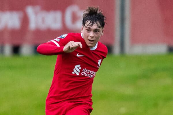 LIVERPOOL, ENGLAND - Monday, August 14, 2023: Liverpool's Luke Chambers during the Premier League 2 Division 1 match between Liverpool FC Under-21's and Everton FC Under-21's, the Mini-Merseyside Derby, at the Liverpool Academy. (Pic by Jessica Hornby/Propaganda)
