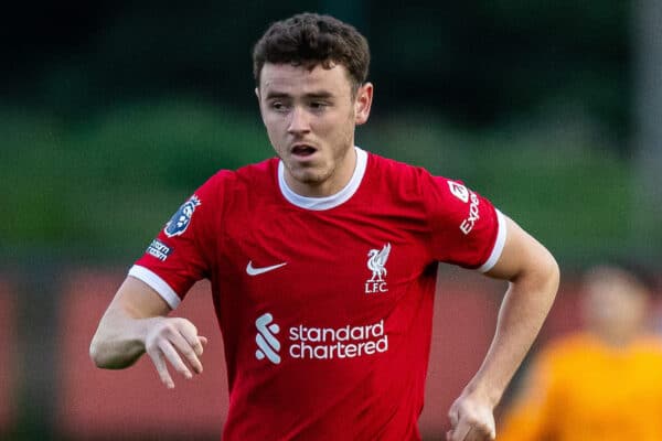 LIVERPOOL, ENGLAND - Monday, August 14, 2023: Liverpool's Tom Hill during the Premier League 2 Division 1 match between Liverpool FC Under-21's and Everton FC Under-21's, the Mini-Merseyside Derby, at the Liverpool Academy. (Pic by Jessica Hornby/Propaganda)