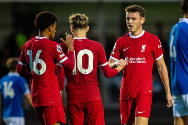 LIVERPOOL, ENGLAND - Monday, August 14, 2023: Liverpool's Bobby Clark (C) celebrates scoring their side's fourth goal with team-mates Melkamu Frauendorf (L) and Tom Hill during the Premier League 2 Division 1 match between Liverpool FC Under-21's and Everton FC Under-21's, the Mini-Merseyside Derby, at the Liverpool Academy. (Pic by Jessica Hornby/Propaganda)