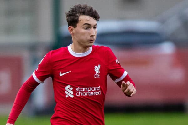 LIVERPOOL, ENGLAND - Monday, August 14, 2023: Liverpool's Mateusz Musialowski drives forward with the ball during the Premier League 2 Division 1 match between Liverpool FC Under-21's and Everton FC Under-21's, the Mini-Merseyside Derby, at the Liverpool Academy. (Pic by Jessica Hornby/Propaganda)