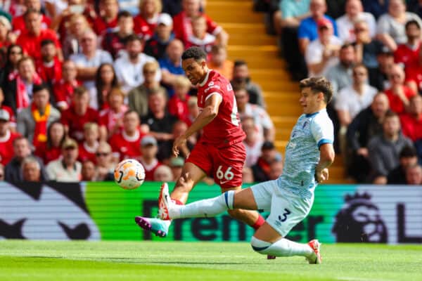 LIVERPOOL, ENGLAND - Saturday, August 19, 2023: Liverpool's Trent Alexander-Arnold (L) is challenged by Bournemouth's Milos Kerkez during the FA Premier League match between Liverpool FC and AFC Bournemouth at Anfield. (Pic by David Rawcliffe/Propaganda)