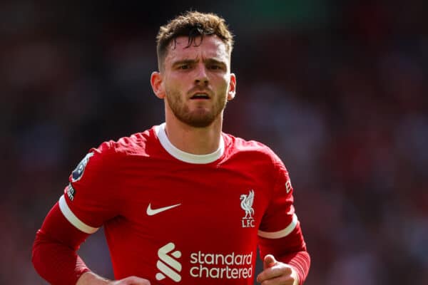 LIVERPOOL, ENGLAND - Saturday, August 19, 2023: Liverpool's Andy Robertson looks on during the FA Premier League match between Liverpool FC and AFC Bournemouth at Anfield. (Pic by David Rawcliffe/Propaganda)