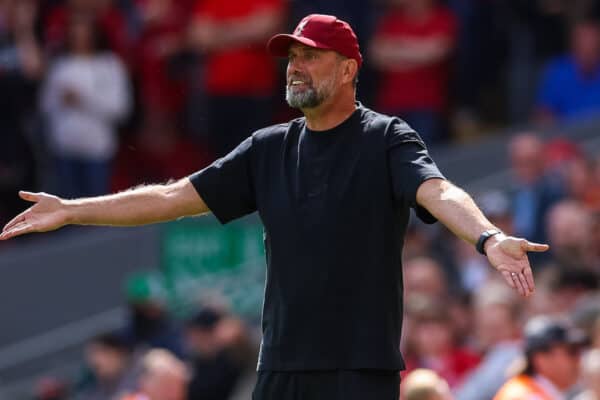 LIVERPOOL, ENGLAND - Saturday, August 19, 2023: Liverpool's manager Jürgen Klopp reacts during the FA Premier League match between Liverpool FC and AFC Bournemouth at Anfield. (Pic by David Rawcliffe/Propaganda)